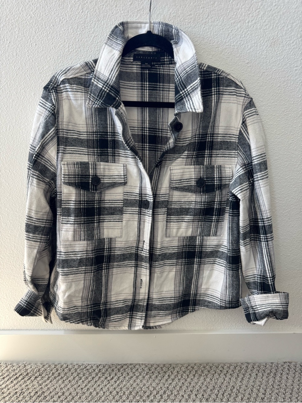 Sanctuary black & white plaid cotton shacket w/ button-front closure